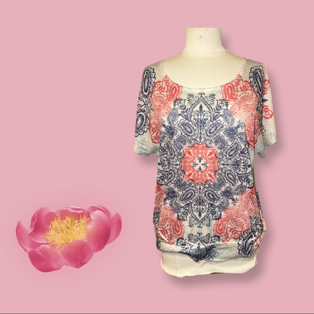 Seven 7 floral tee shirt top casual summer women’s blouse multicolor evening